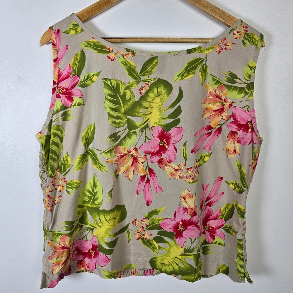 ERIKA Floral Smocked Tank Top Women XL Sleeveless Tropical Vacation Beach - Picture 2 of 3